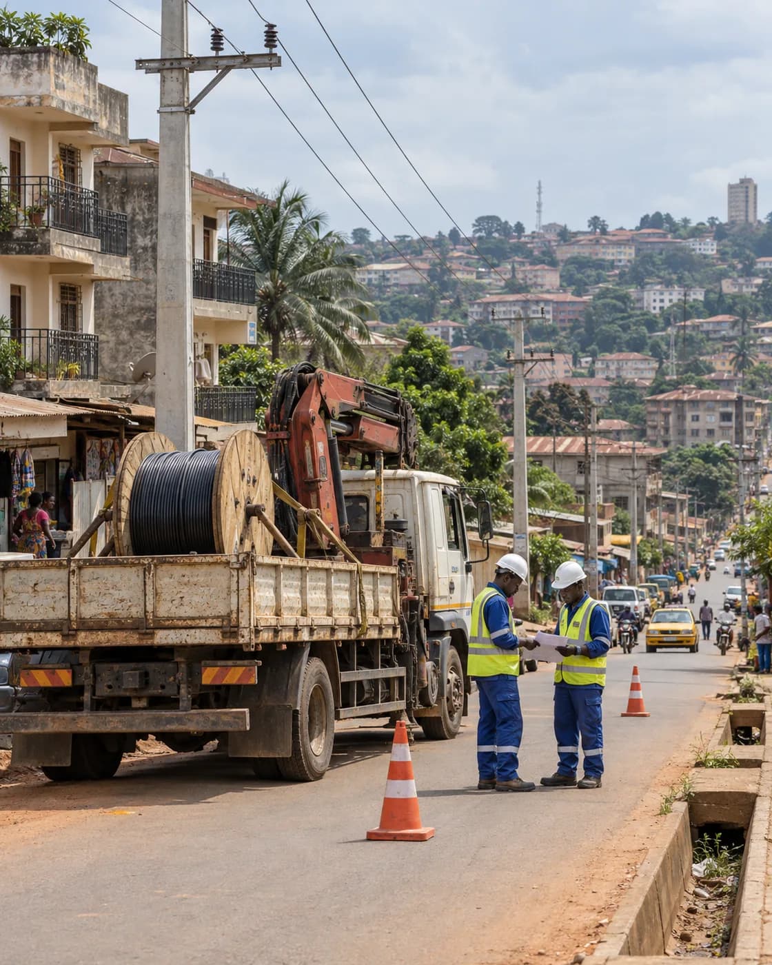 Illustration générée par IA d’un camion-grue usagé et de techniciens près de poteaux électriques dans un quartier urbain camerounais