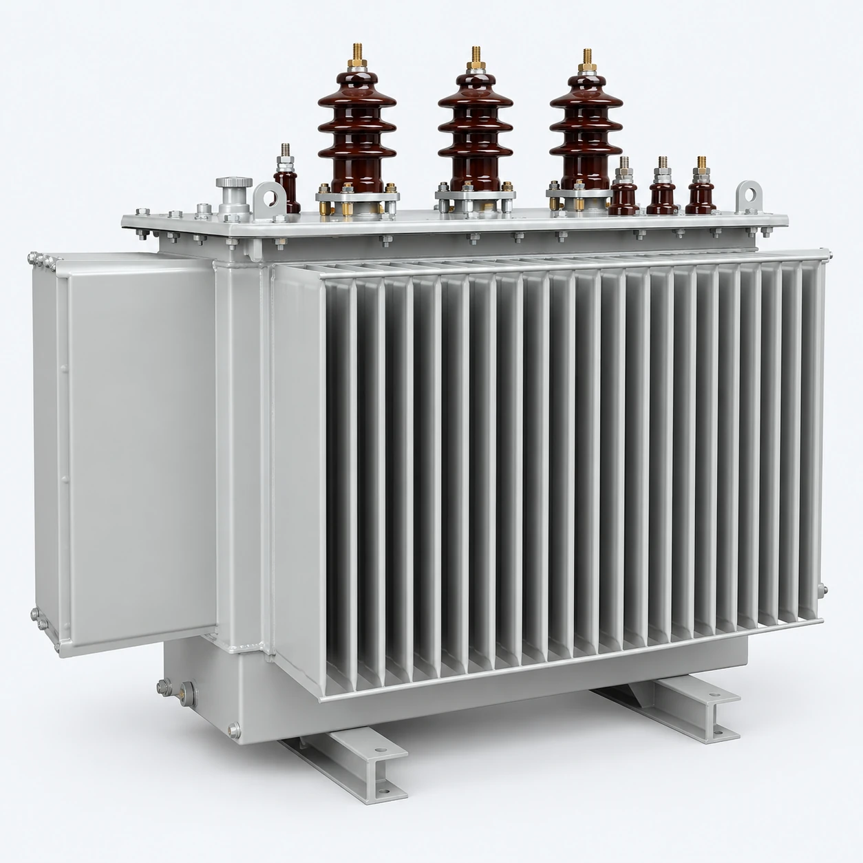 Three-phase oil-immersed distribution transformer with finned tank