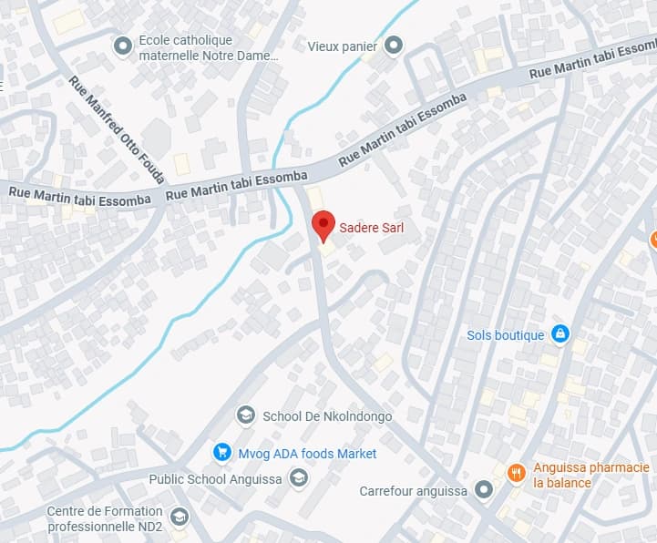 Map of Nkolowe in Yaoundé showing SADERE SARL near Rue Martin tabi Essomba