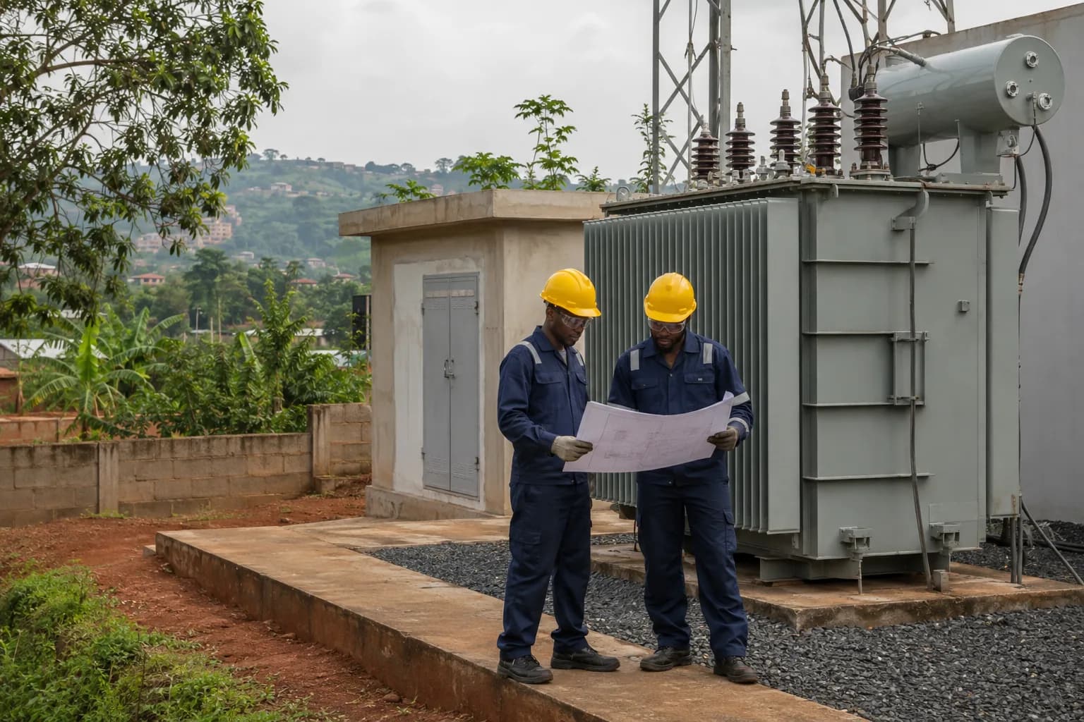 AI-generated illustration of technicians and a transformer in a Cameroonian setting