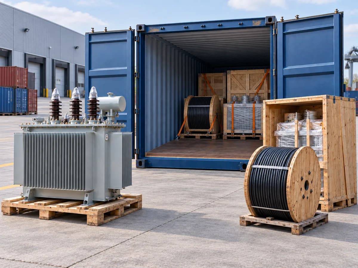 AI-generated illustration of a partially loaded electrical equipment container at an overseas export depot