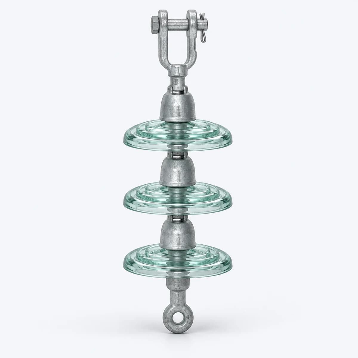 Glass suspension insulator string with discs and metal fittings