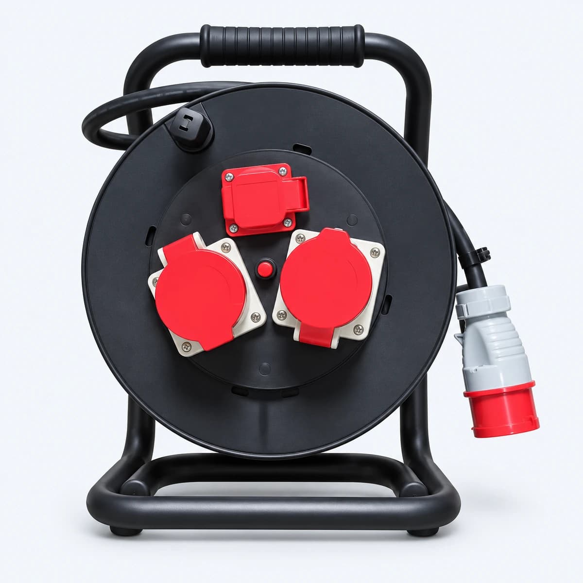 Industrial cable reel with a black round drum on a tubular stand and three red outlets