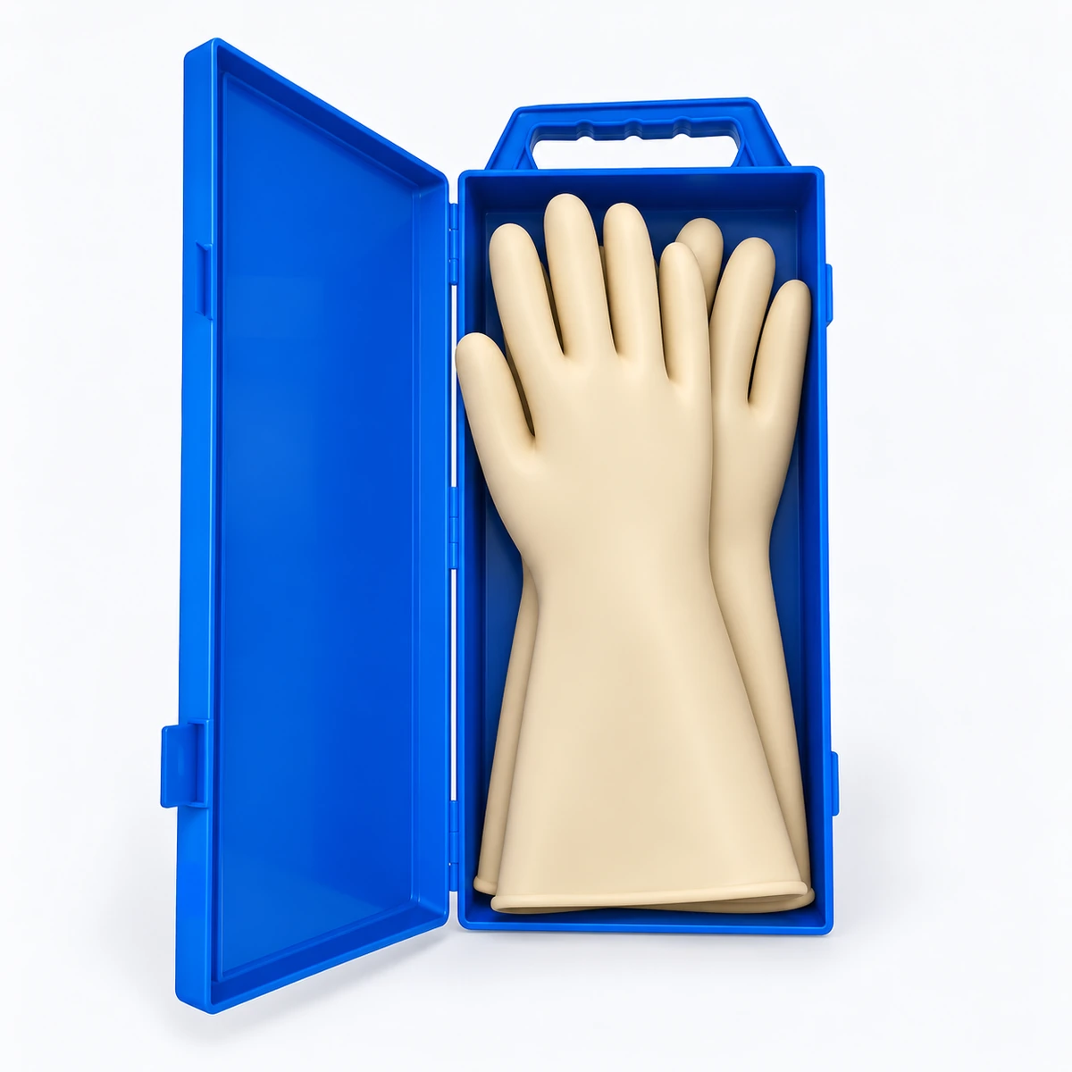 Electrovolt insulating gloves in their blue storage case