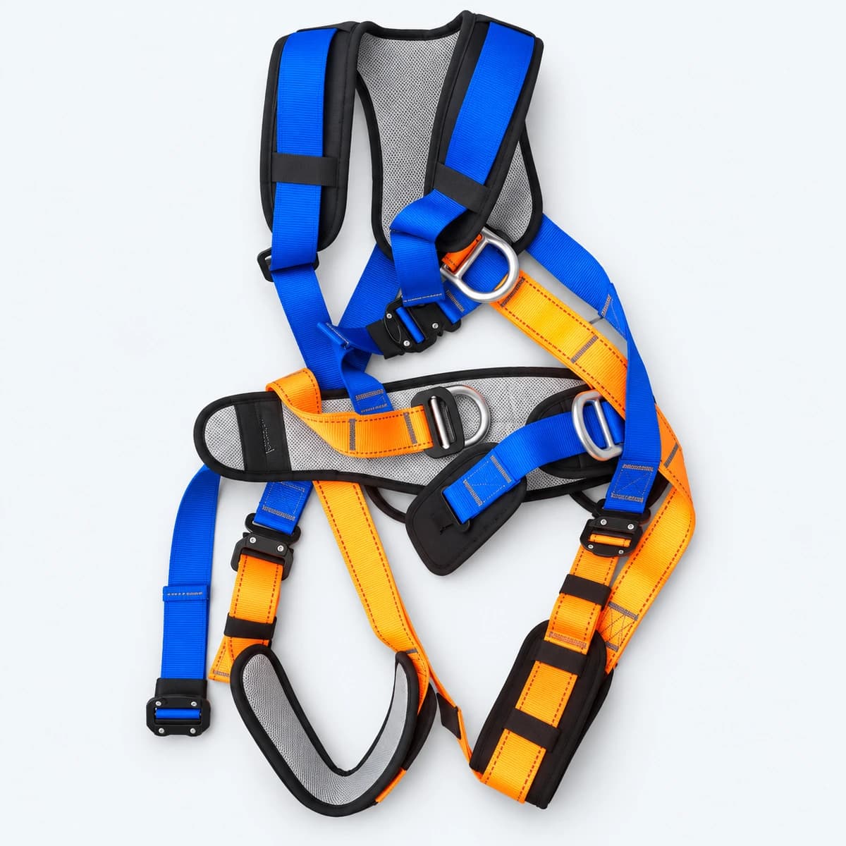 Blue and orange safety harness with adjustable webbing and metal rings