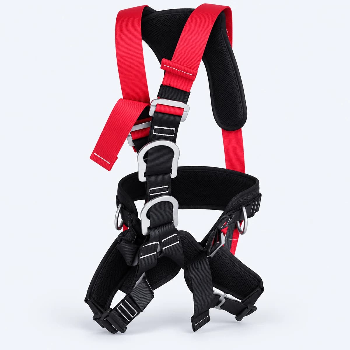 Red and black safety harness with metal buckles and padded belt
