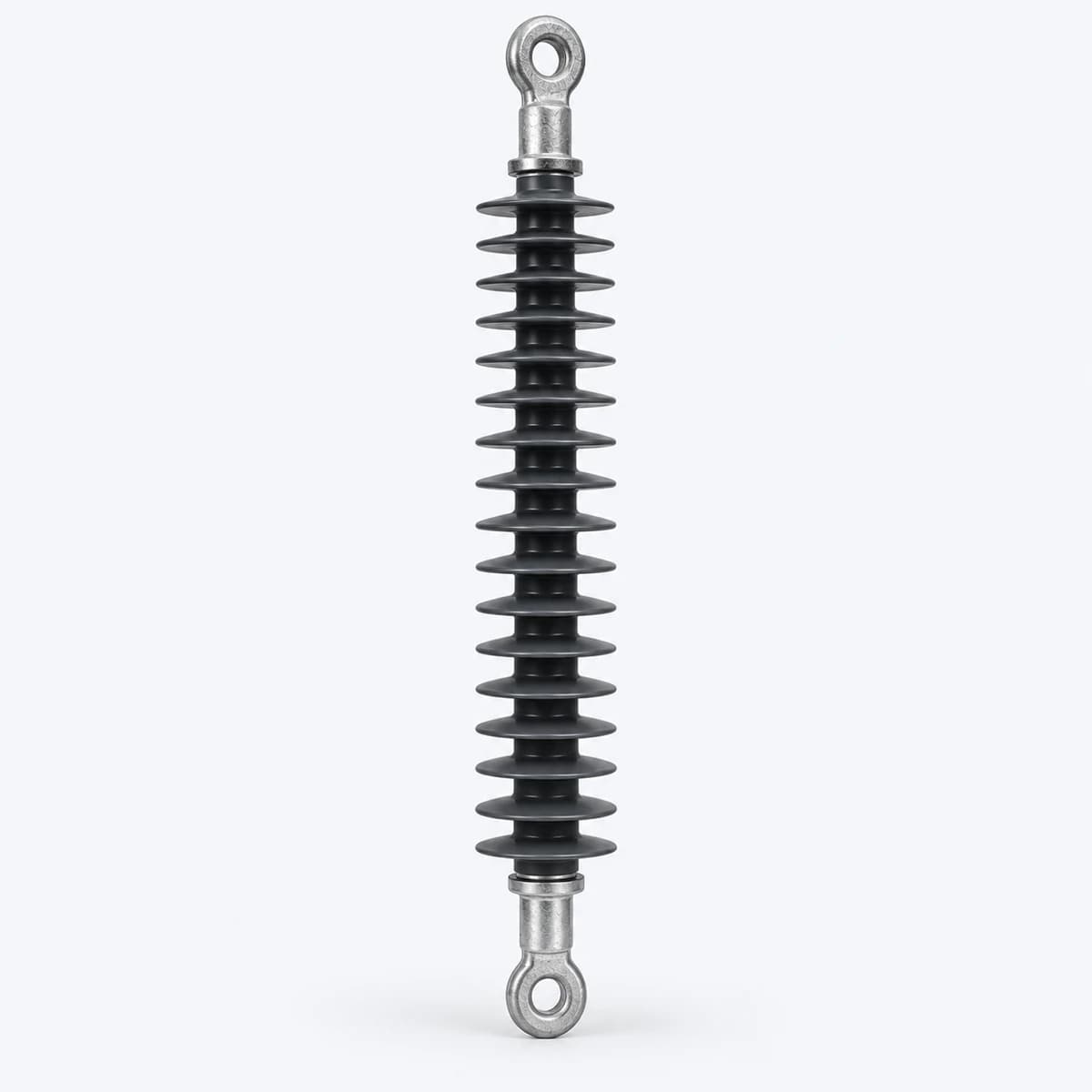 Composite suspension insulator with sheds and metal end fittings