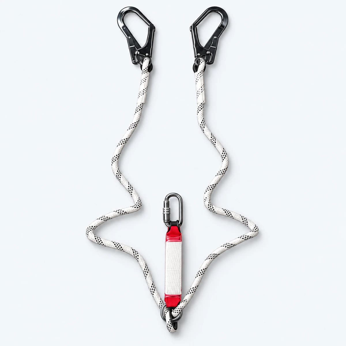 Twin-leg lanyard with large black hooks and red and white absorber pouch