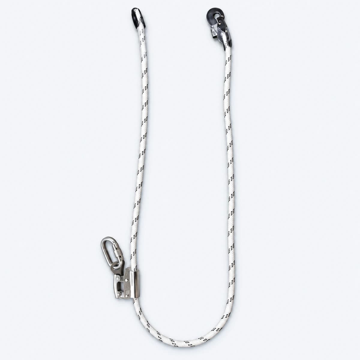 Adjustable white rope positioning lanyard with side-mounted adjustment device