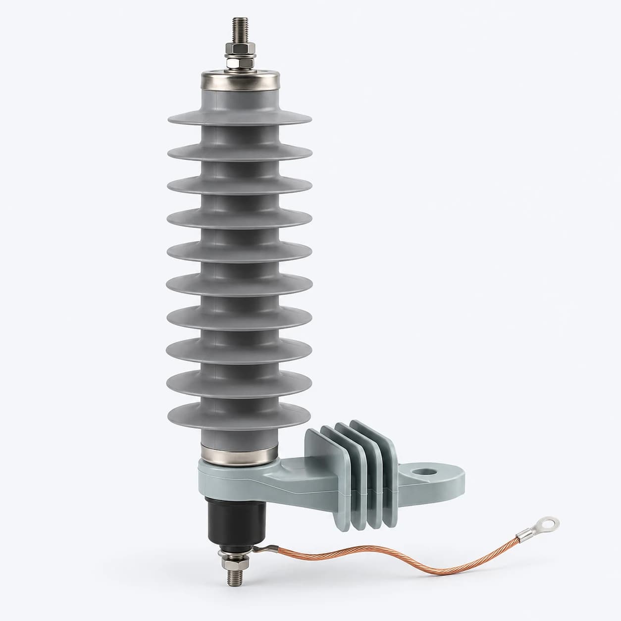 Polymer-housed MV surge arrester with ribbed housing, terminal and bracket