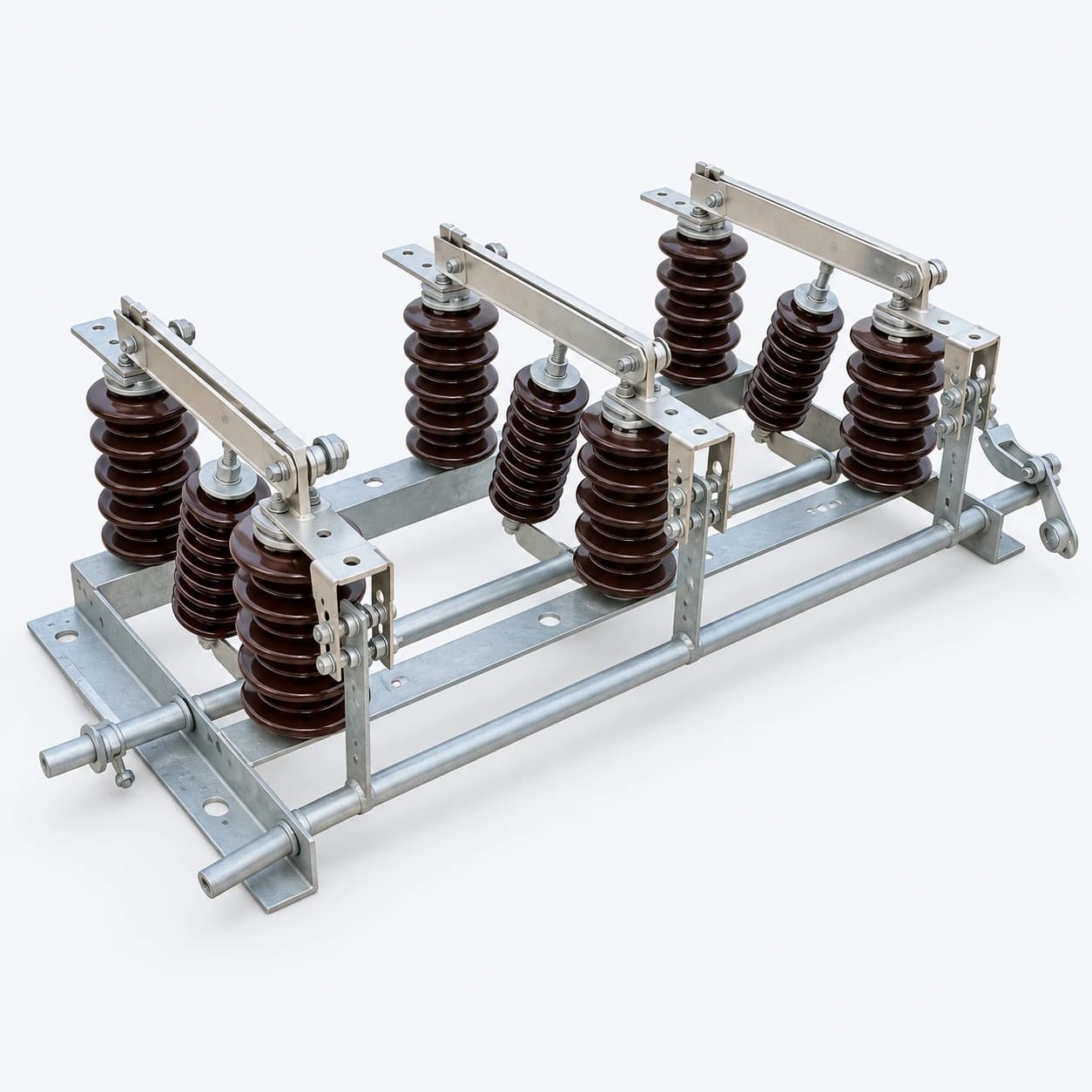 Three-pole overhead MV disconnect switch on a common metal frame