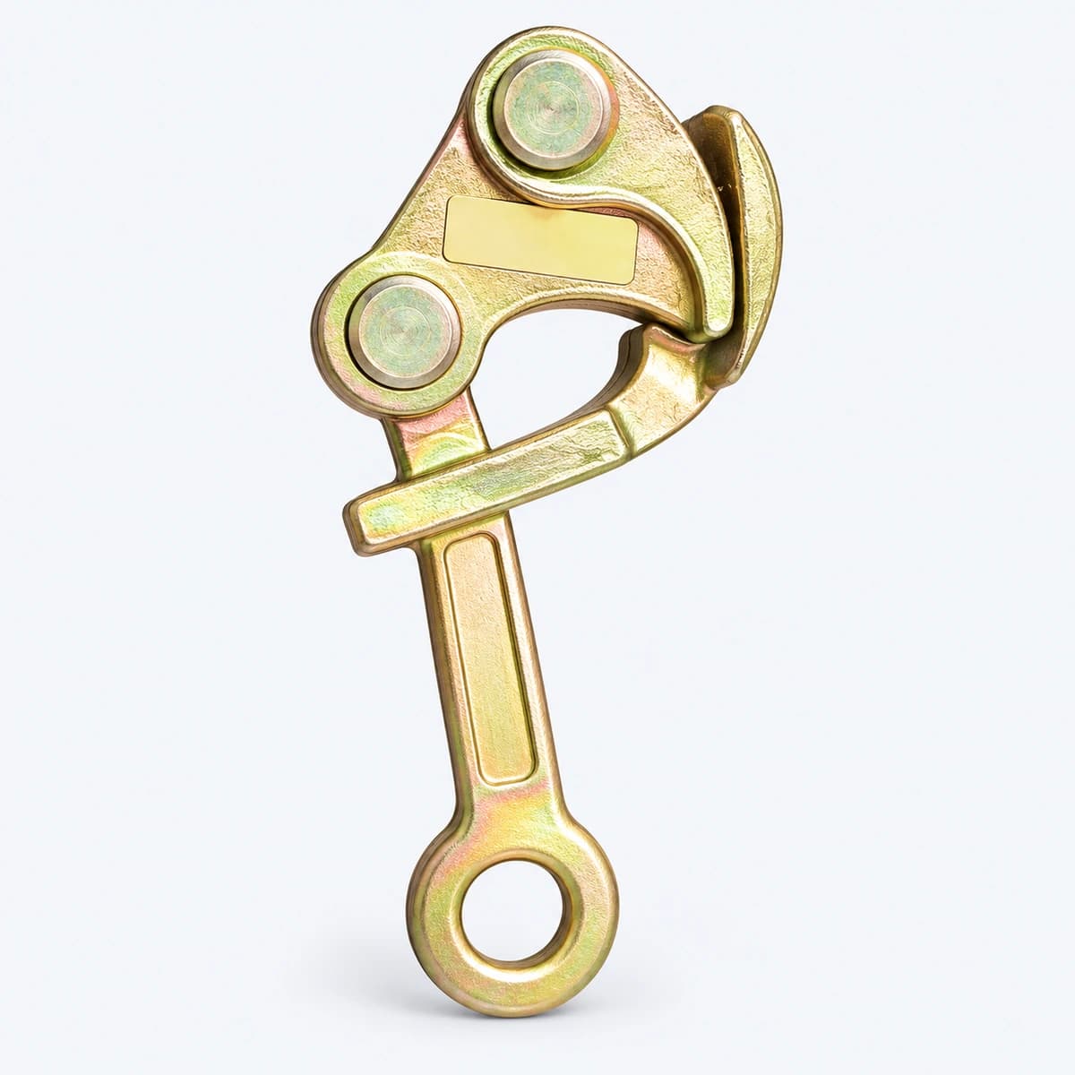 Gold-coloured pulling grip with articulated jaws and a lever with pulling eye
