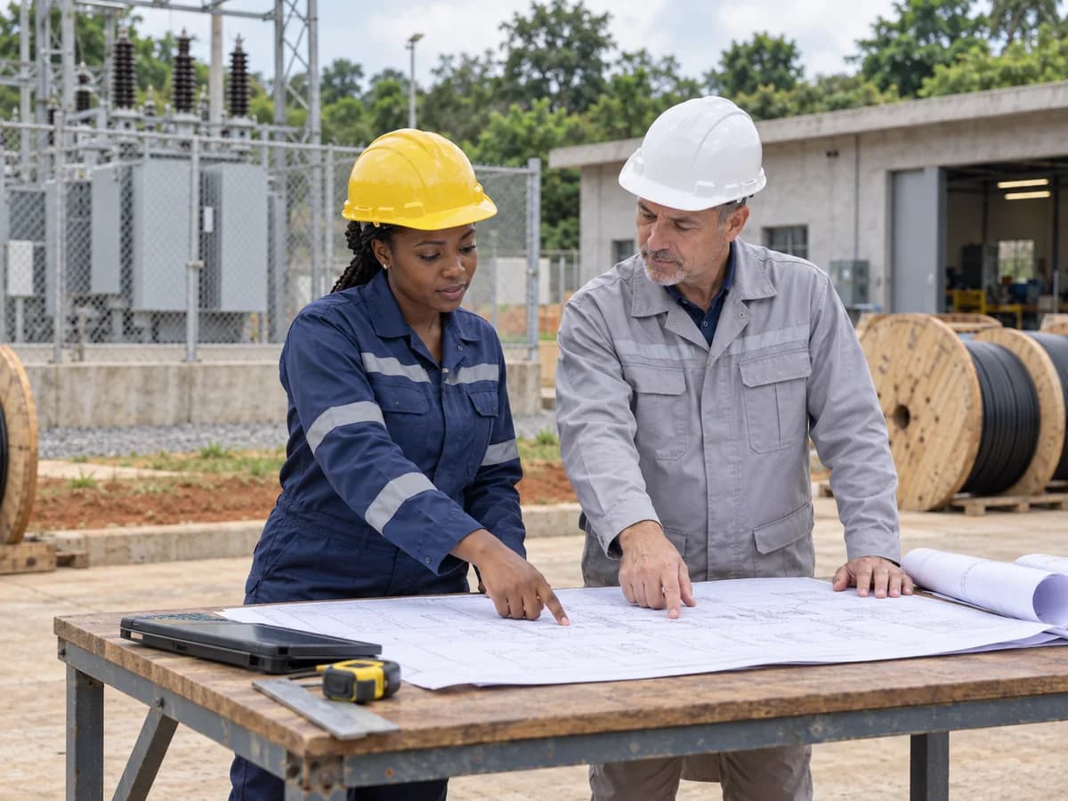 AI-generated illustration of two professionals reviewing an electrical plan in a Cameroonian setting